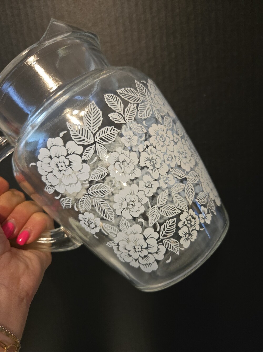 Vintage 60's Federal Glass White Florals W/ Ice Lip Pitcher MCM Cottagecore